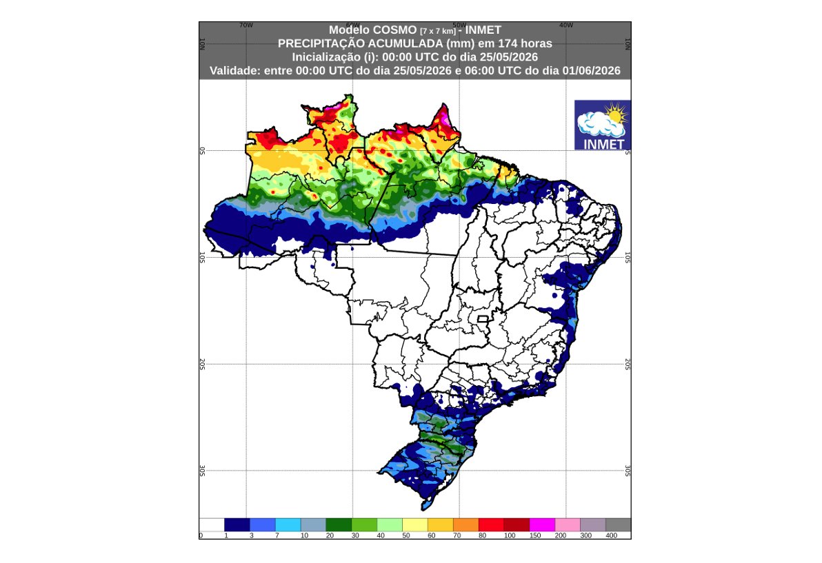 Inmet prevê chuva forte no Norte e Sudeste no começo da semana