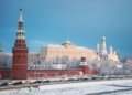 Moscow's kremlin stands tall on a snowy winter day.