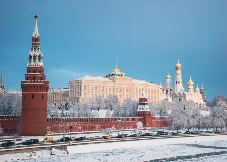 Moscow's kremlin stands tall on a snowy winter day.