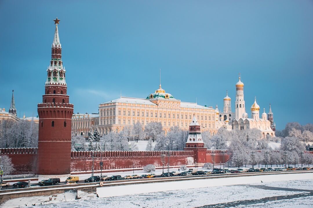 Moscow's kremlin stands tall on a snowy winter day.